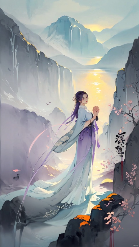  In one ink painting, a woman dressed in lilac stands in front of a foggy landscape. Her figure seems to be part of the painting, integrated with the surrounding mountains and water. Her eyes are deep, as if in contemplation of the mood. Her outstretched hands, moving her graceful body, her fingers gently touching the hem of her skirt, reveal a gentle sensuality in her movements. Traditional Chinese ink painting;