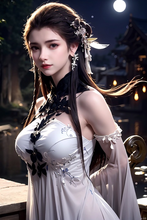 outdoor,(large breasts:1.2),flowers,floating hair,sky,rainbow,moon,sky,stars,(arms at sides:1),(rstanding:1.3),bamboo forest,river,1girl, solo, hair ornament, dress, brown hair, white dress, jewelry, earrings, upper body, braid,  looking at viewer, long hair,official art,extremely detailed cg 8k wallpaper,looking at viewer,(extremely delicate and beautiful),realistic, photo_\(medium\),,Xbaiyijun