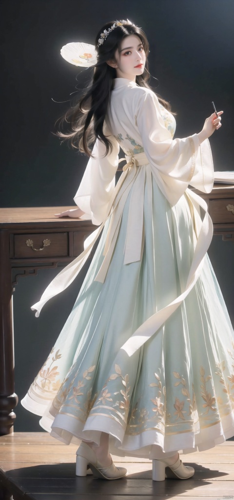  Weak woman, yellow light, holding a handkerchief, blue and white clothes, full body display, official art, 8k wallpaper, super detail, beauty and aesthetics, masterpiece, best quality, extremely detailed, dynamic Angle, paper leather, radius, Luminosity, cowboy lens, elegant, visual color, romantic, atmospheric, rich detail, full body lens, shot from above, shot from below, Detailed background, flowing hair, perfect face, delicate features, high detail, smile, fishey-eye lens, dynamic Angle, dynamic pose, 1 girl, desk, writing, missing, background simple, atmosphere sense, side light, qinghua, Zhuojiu, liuyifei