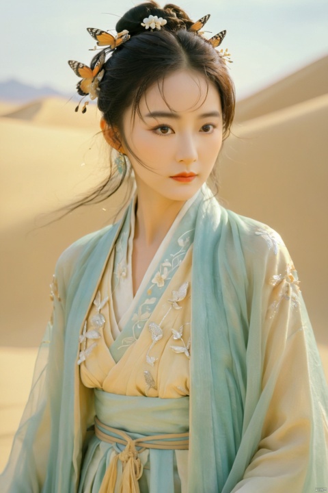1girl,Brigitte Lin,film style, song_hanfu, desert_sky, New Chinese_Hanfu, weijin_hanfu, fantasy_butterfly