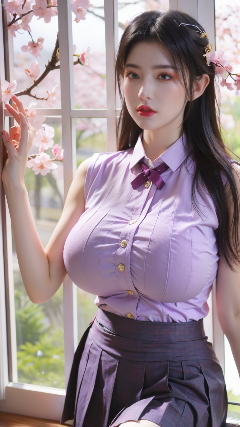  Best quality,masterpiece,1girl,(light purple business shirt:1.2), (huge breasts:1.56),(pink Tie:1.1), (Exposed thighs:1.3), (mini skirt:1.3), (pleated skirt:1.3),1 girl,(Cherry blossoms in front of the classroom window:1.39),(huge breasts:1.66),