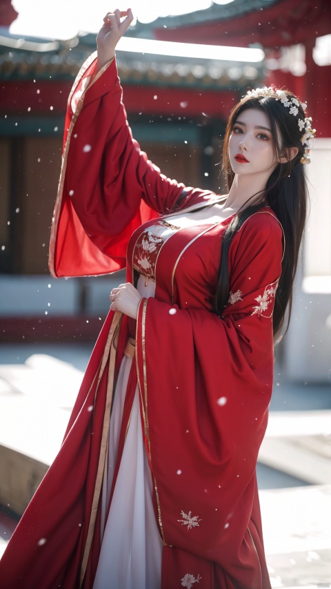  arien_hanfu,1girl,(falling_snow:1.2),looking_at_viewer,,(big breasts:1.1)