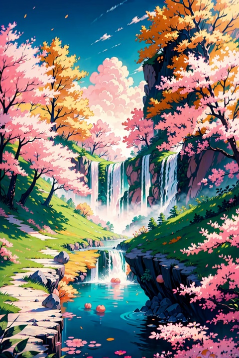  (Landscape painting full of illusory artistic conception), (high waterfall falling from the sky), the waterfall occupies 80% of the entire length of the picture, above the waterfall is the blue sky, rolling white clouds, below the waterfall is the pond, (the water of the pond is floating on the Many scattered (pink peach: 1.3) flowers), (there is a (peach forest: 1.3), (pink: 1.2) flower by the pond), (the setting sun shines slantly through the clouds), vividcolor (light particles Effect), (masterpiece), (extremely exquisite picture description), (8k wallpaper), (master painting), (ink painting style), (obvious light and shadow effect), (ray tracing), (obvious levels), (depth of field) ),(best quality),RAY, desert_sky, Succulent_Plants, Oil-paper umbrella