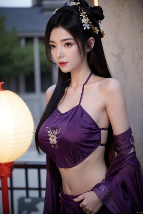  1girl, navel, solo, midriff, bare shoulders, lantern, hair ornament, flower, hair flower, paper lantern, black hair, red lips, looking at viewer, chinese clothes, (purple dress), purple eyes,blurry, solo focus, long hair, lips, night, lipstick, outdoors, upper body, blurry,(huge breasts:1.29), background, solo, makeup, hair bun, Hashimoto_Kanna