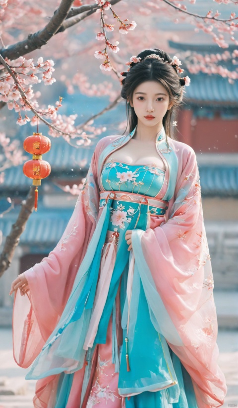 (pink|cyan hanfu),1girl,half,(Masterpiece:1.2), best quality, arien_hanfu,1girl, (falling_snow:1.39), looking_at_viewer,(big breasts:1.99),
BREAK,
Forbidden City, (plum blossoms:1.3),(Traditional Chinese lanterns hanging from the trees), hand101,(big breasts:1.99), GUOFENG, HanFu, HUBG_Beauty_Girl, MAJICMIX STYLE, Face Score