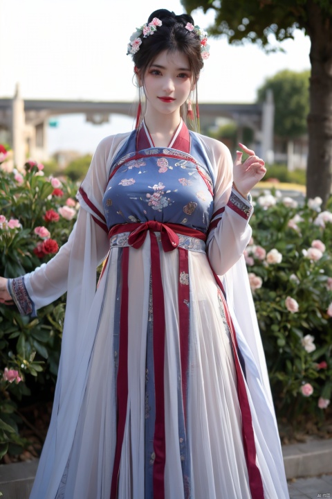 tang_hanfu,1girl,(spring,flowers:1.2),looking_at_viewer,,(big breasts:1.29), hanfu