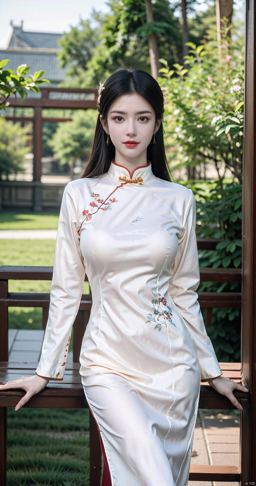  (global illumination, reality,ray tracing, HDR, unreal rendering, reasonable design, high detail, masterpiece,best quality, ultra high definition, movie lighting),
1girl,outdoor,looking_at_viewer,side_blunt_bangs,china_dress,chinese_style,(big breasts:1.87),pose,solo,1girl,black hair,black eyes, (pink flowers:1.39), qipao