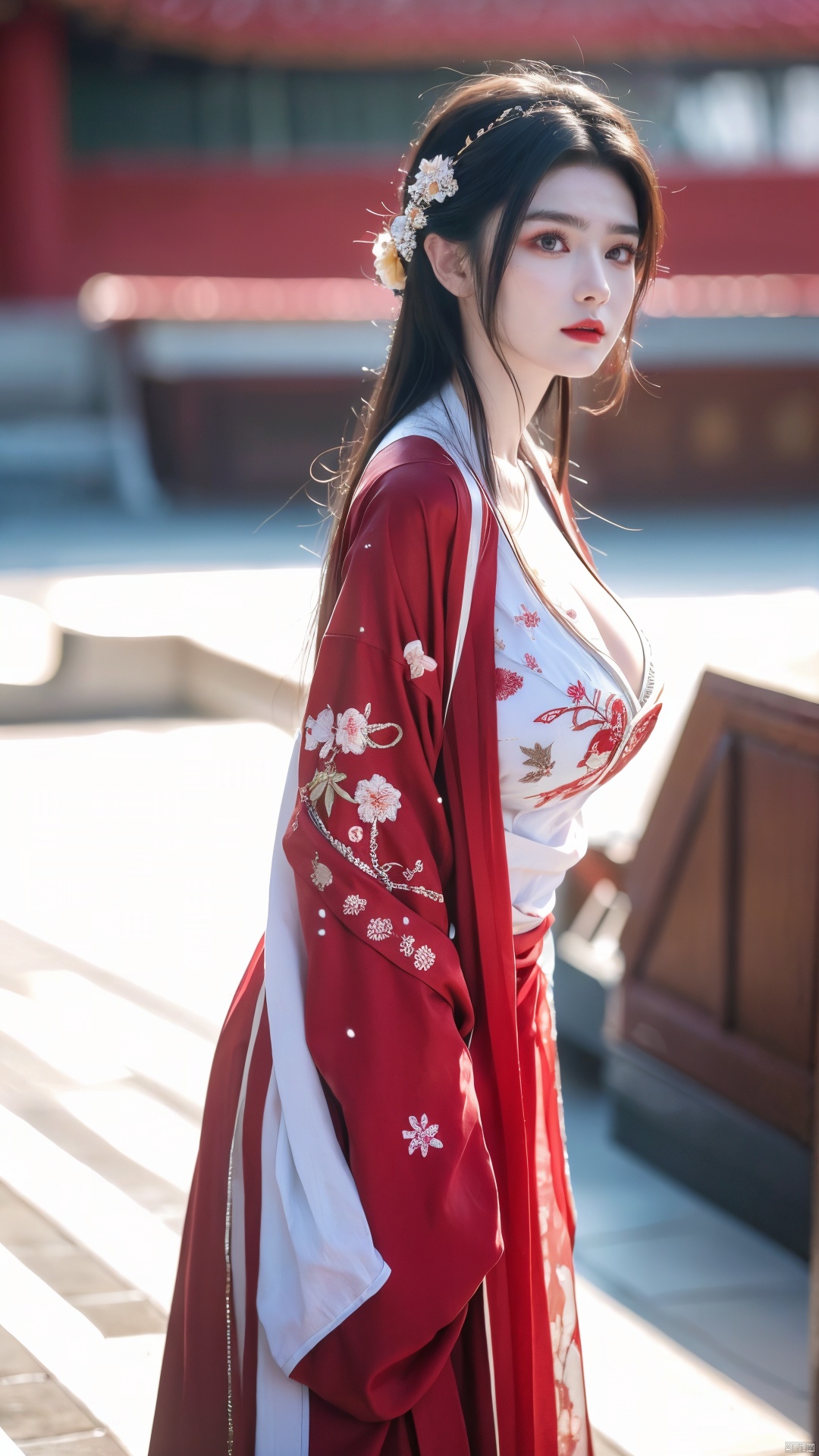  arien_hanfu,1girl,(falling_snow:1.29),looking_at_viewer,(big breasts:1.49), embroidered flower patterns
