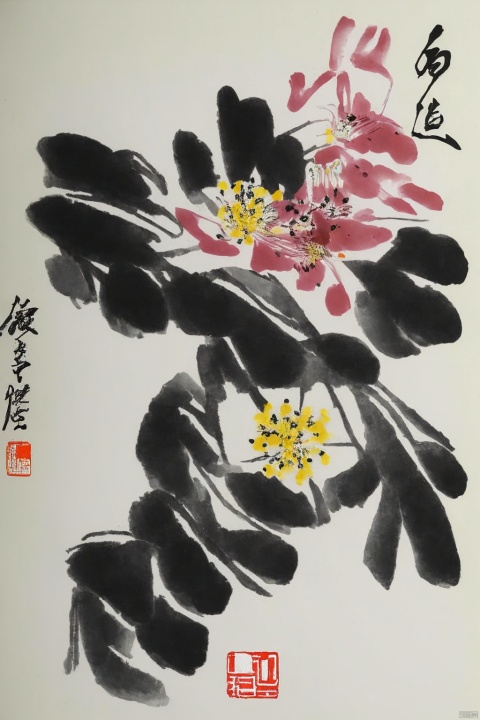 Chinese ink painting, Qi Baishi style, flowers, animals