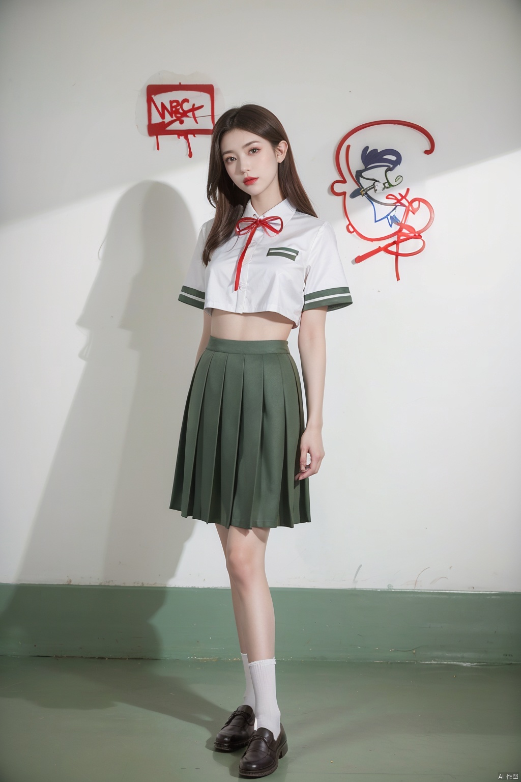  nile|genshin impact, master-piece, bestquality, 1girls,20 years old, proportional body, elongated legs, Beautiful, (school uniform),pantyhose,pleated skirt,mediuml breasts, (Graffiti:1.5), (big breasts:1.5),Splash with purple lightning pattern., arm behind back, against wall, View viewers from the front., Head tilt, bored,(NSTDA.:1.2), (10, beste-Qualit, master-piece: 1.4), Beautiful red hair, ultra-high resolution, (lifelike, photorealistic portrait: 1.48),, Cute Girl, (Looking Through Crop Tops.), beautiful clear eyes, Head tilt, cowboy shot, from the front, looking at the audience, expressionless, Beautiful lake, Zeiss 150mm F/ 2.8 Hasselblad, Whole body, foot, Ultra-Wide Angle,