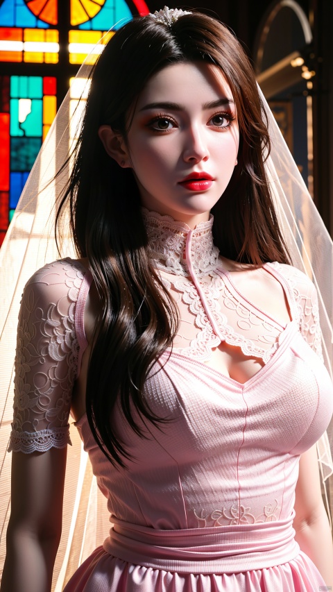 masterpiece, 1girl, (mature female:0.5), tall body, golden proportions, (Kpop idol), (shiny skin:1.2), (oil skin:1.1), makeup, (close up), (church background:1.2), depth of field, ((long wavy brown hair)), (puffy eyes), (eyelashes:1.1), (parted lips:1.1), red lipstick, fantasy art style, dreamy light, (high neck pink wedding dress:1.3), (lace wedding dress:1.3), perfect body, (dreamy veil:1.3), (dusk:1.2), princess shoes, (diamond necklace), (crystal hairpin), (tyndall effect:1.2), highres,(church:1.36),(big breasts:1.69),(The sun shines through the church window:1.3), mds-hd, mds