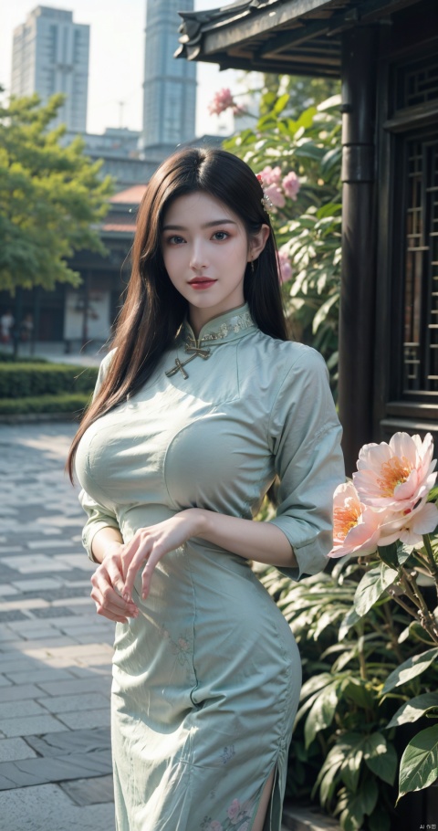  (global illumination, reality,ray tracing, HDR, unreal rendering, reasonable design, high detail, masterpiece,best quality, ultra high definition, movie lighting),
1girl,outdoor,looking_at_viewer,side_blunt_bangs,china_dress,chinese_style,(big breasts:1.73),pose,solo,1girl,black hair,black eyes, (pink flowers:1.3), qipao