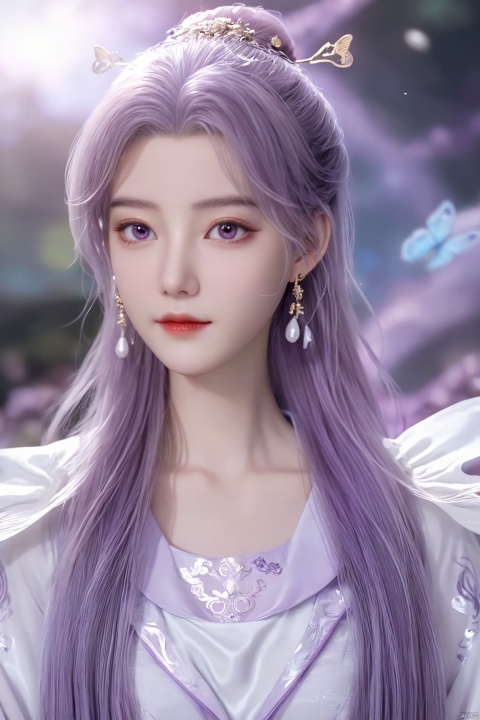  best quality,masterpiece,1girl,solo,long hair,looking at viewer,jewelry,closed mouth,purple eyes,upper body,purple hair,earrings,blurry,blurry background,sunlight,red lips,(big breasts:1.59), Yunxiao_xianzi, Brigitte Lin, X-aurora, pearl_shell, song_hanfu, fantasy_butterfly