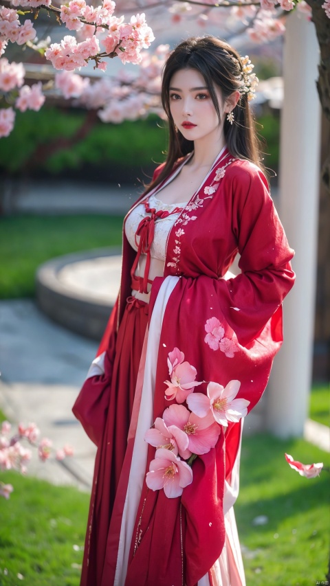  arien_hanfu,1girl,
BREAK,
(In spring, petals are falling and the garden is full of peach blossoms:1.2),looking_at_viewer,(big breasts:1.2)