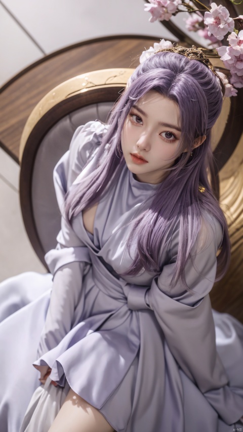 purple element,looking from above,above the knee,appear on camera,purple eyes,purple_flower,XYunxiao,,(big breasts:1.19),1girl,(purple Round neck dress:1.23),Masterpieces,