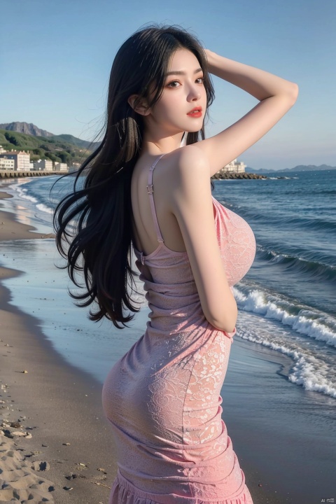  (Best quality, 8k, 32k, Masterpiece,UHD: 1.2), (1.2 very wide Angle lens:), 
1girl, solo, long hair, wind flowing hair, pose for picture, looking at viewer, perfect body, big butt,(big breasts:1.2),Smooth arms,
seaside, blue sky, pink dress