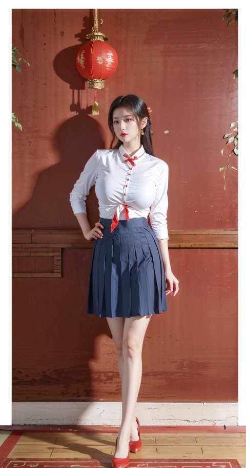  Best quality,masterpiece, 1girl,(red business shirt:1.29), (huge breasts:1.5),(Tie), (Exposed thighs:1.3), (blue mini skirt:1.3), (pleated skirt:1.3),1 girl,(red wall:1.3),(big breasts:1.6),(huge breasts:1.76),(Chinese lanterns and red paper fans are hanging on the wall:1.3), ((poakl)),(Background of the Spring Festival atmosphere in China:1.29)