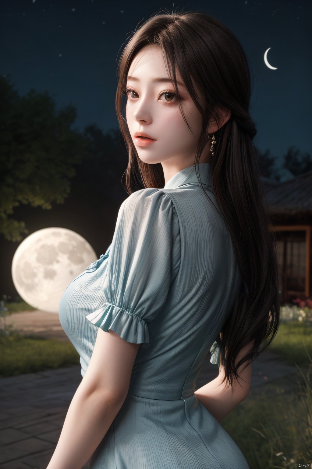 (1girl,best quality, ),looking at viewer,ultra detailed background,ultra realistic 8k cg ,masterpiece, cure blossom, full moon,night,night sky,  (big breasts),Xxiaoxuner,blue dress, ty-hd,backlight