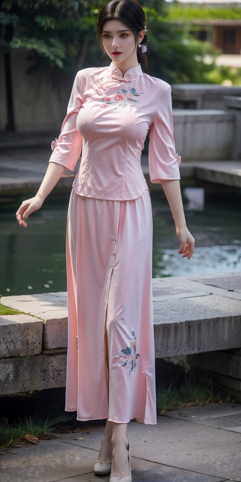 (pink|blue printed chinese upshirt:1.1),
BREAK,
(blue long skirt:1.1),1 girl,(big breasts:1.8), high heels,(short hair:1.1), (realistic:1.7),((best quality)),absurdres,(ultra high res),full body,(photorealistic:1.6),photorealistic,octane render,(hyperrealistic:1.2), (big breasts:1.8), (photorealistic face:1.2), (8k), (4k), (Masterpiece),(realistic skin texture), (illustration, cinematic lighting,wallpaper),( beautiful eyes:1.2),((((perfect face)))),(cute),(standing),(black hair),(short hair), (outdoors), , long skirt, QIPAO,, (big breasts:1.8),1girl