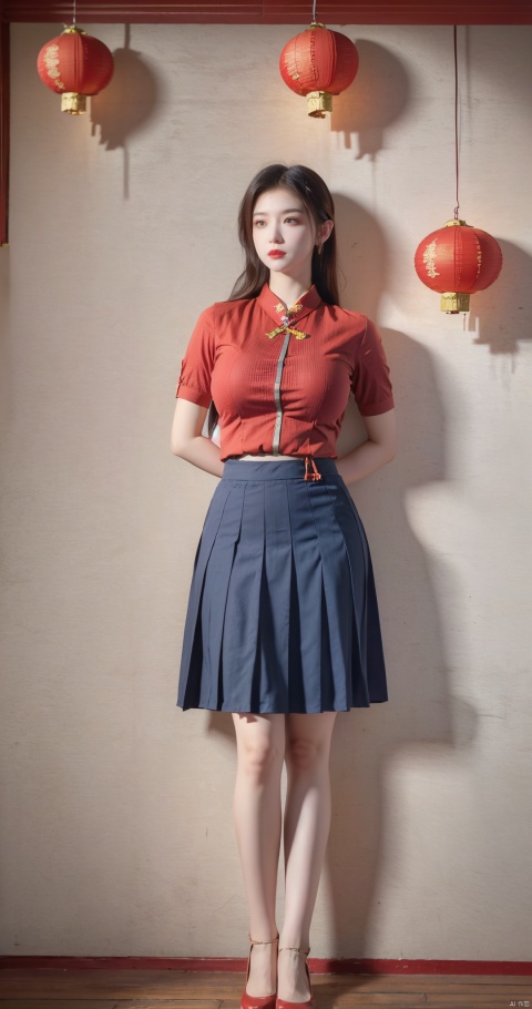  Best quality,masterpiece, 1girl,(red business shirt:1.29), (huge breasts:1.5),(Tie), (Exposed thighs:1.3), (blue mini skirt:1.3), (pleated skirt:1.3),1 girl,(red wall:1.3),(big breasts:1.6),(huge breasts:1.68),(Chinese lanterns and red paper fans are hanging on the wall:1.3), ((poakl)),(Background of the Spring Festival atmosphere in China:1.29)