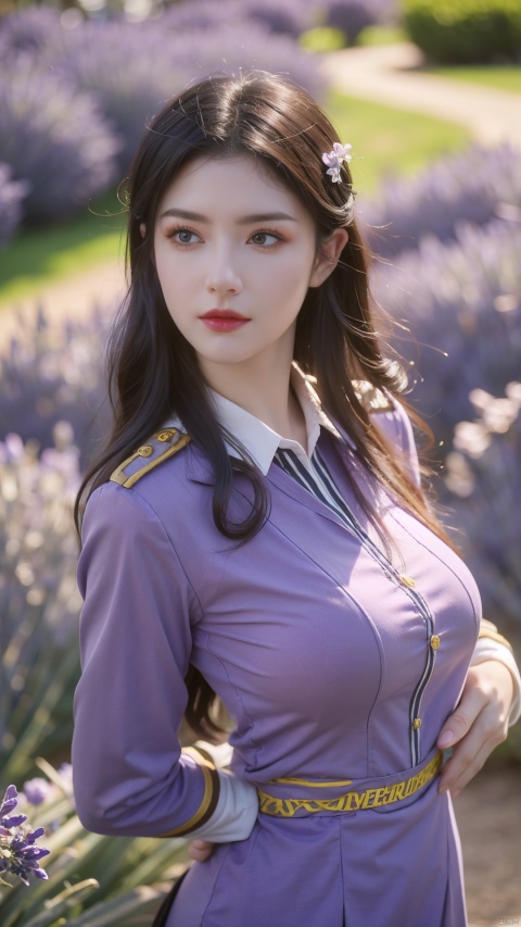  (Realistic), masterpiece, best quality, cinematic lighting, natural shadows, highest detail, looking at the audience,1 girl, cute girl photo, faint smile, charming, 25 years old, flip hair. With side light, (red stewardess uniform:1.39), dynamic modeling,(big breasts:1.39),(Lavender flowers in Provence, France:1.39)