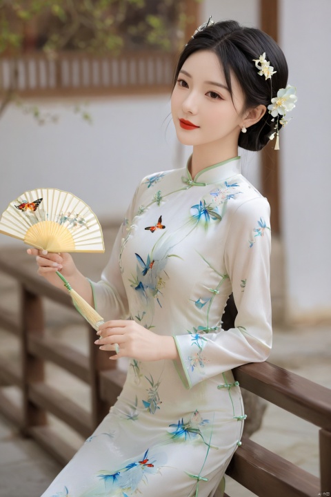  1girl, flower, solo, black hair, chinese clothes, hair ornament, hair flower, smile, indoors, vase, upper body, red lips, holding, hand fan, long sleeves, blurry, own hands together, cheongsam, X-Cheongsam, Lace_dress, X-aurora, song_hanfu, fantasy_butterfly, desert_sky