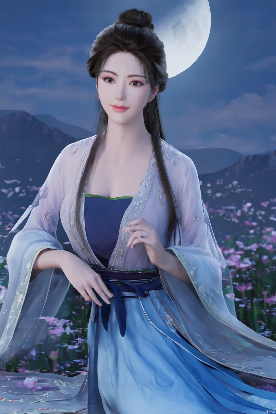 1girl,Xnangongwan,flower,big breasts,moon