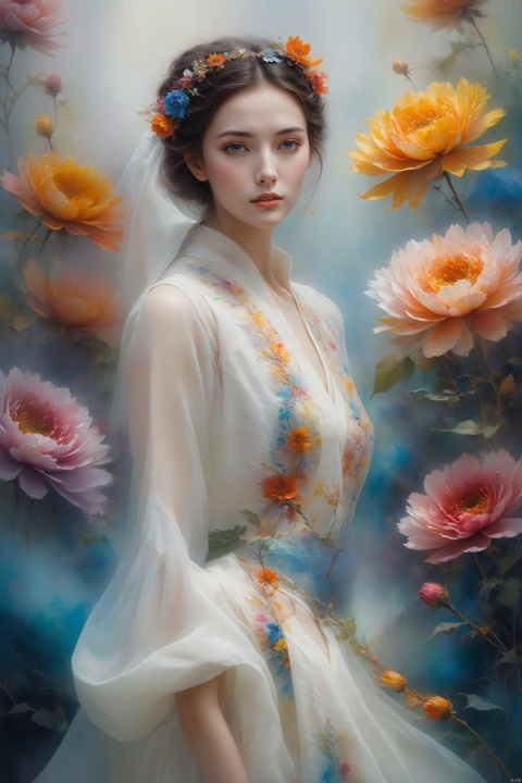  Oil painting, a girl wearing gauze, pure white skin, exposed body, shape, close-up, floral background, fashion, minimalism, extremely detailed, absurd, (color), abstract background, fractal, (flower) exquisite visual effects, outdoor, grassland, fog, exquisite visual effects, super bright, colorful background, high-definition, artistic calligraphy and ink, abstract, colorful colors, beauty, color clarity, mystery, oil painting, soft colors, art, amazing depth, super details, masterpieces of engineering leaders, strategic planning, rich and colorful, peaceful visual effects, art's super details, texture and best quality, masterpieces, super details, perfect composition, best image Quality, super-resolution, surrealism, dreamlike realism, dreamlike creation, terrifying color schemes, surrealism, abstraction, psychedelic, (8k, RAW photo, best quality, masterpiece: 1.2), (realistic, photo fidelity: 1.37), 4k texture, HDR, complex, highly detailed, clear focus, soothing tones, maze details, crazy details, complex details, HDR, monkren, arien_hanfu