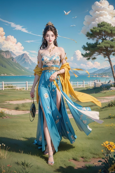  {masterpiece},{best quality},{1girl},Amazing,beautiful detailed eyes,solo,finely detail,Depth of field,extremely detailed CG,original, extremely detailed wallpaper,{{highly detailed skin}},{{messy_hair}},{small_breasts},{{longuette},{grassland},{yellow eyes},full body, incredibly_absurdres,{gold hair}.lace,floating hair,Large number of environments,the medieval ,grace,A girl leaned her hands against the fence,ultra-detailed,illustration, birds,Altocumulus,8kwallpaper,hair_hoop,long_hair,gem necklace,hair_ornament,prospect,water eyes,wind,breeze,god ray,lawn,Mountains and lakes in the distance,The skirt sways with the wind,The sun shines through the trees,A vast expanse of grassland,fence,Blue sky,bloom,smile,glow,The grass sways in the wind, Xiaolan, tian_qi_ji, nezha, ycbh, aoguang