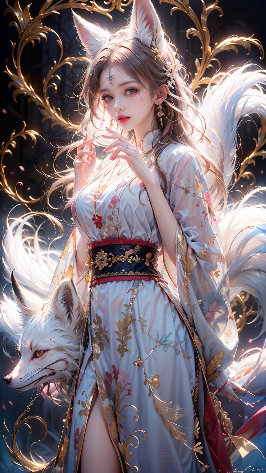  1 girl, solo, female focus, (Chinese dress）and red lips, bangs, earrings, kimono, Chinese cardigan, printed cloth, tassel, hand-held samurai knife.(Chinese dragon),(Huge Fox Pet),（White fox）,
 (Masterpiece), (Very Detailed CGUnity 8K Wallpaper), Best Quality, High Resolution Illustrations, Stunning, Highlights, (Best Lighting, Best Shadows, A Very Delicate And Beautiful), (Enhanced) ·, long, machinery, Daofa Rune, shufa background, Spirit Fox Pendant