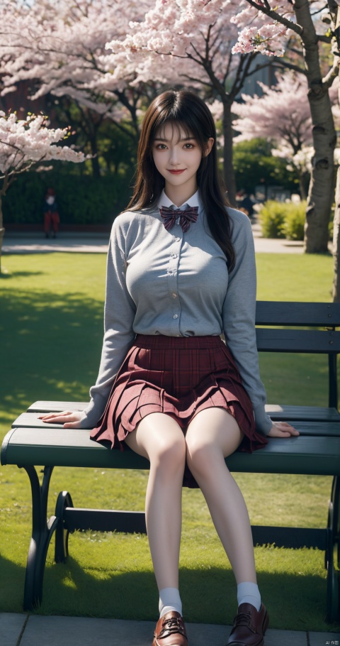masterpiece,best quality,extremely detailed 8K wallpaper,1girl,JK,plaid skirt,school uniform,brown shoes,sitting,smile, JK, (big breasts:1.39), ((poakl)),upper body,(Sitting on a park benchr:1.3),(Under the cherry trees in the university campus garden:1.3)