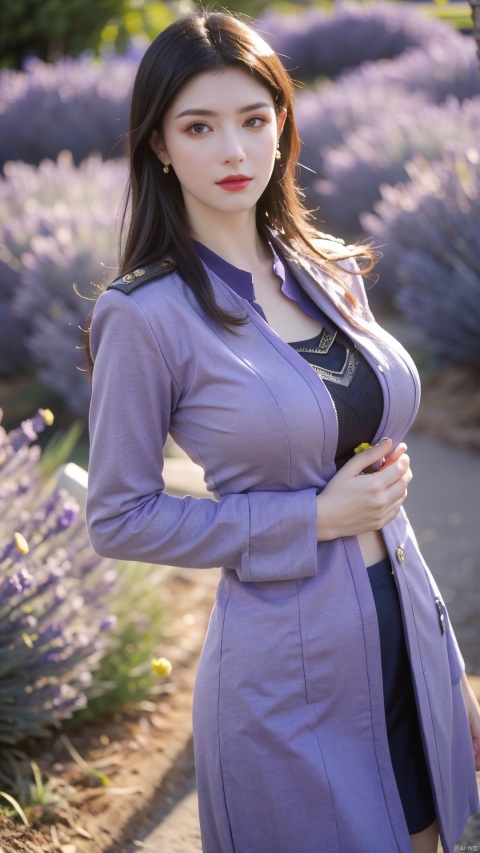  (Realistic), masterpiece, best quality, cinematic lighting, natural shadows, highest detail, looking at the audience,1 girl, cute girl photo, faint smile, charming, 25 years old, flip hair. With side light, (blue stewardess uniform:1.3), dynamic modeling,(big breasts:1.39),(Lavender flowers in Provence, France:1.39)