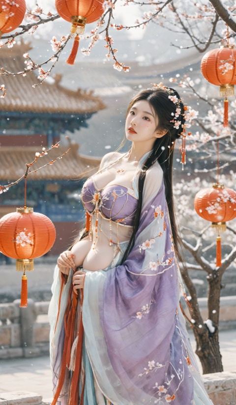 (hanfu),1girl,half,(Masterpiece:1.2), best quality, arien_hanfu,1girl, (falling_snow:1.39), looking_at_viewer,(big breasts:1.99),
BREAK,
(plum blossoms:1.2),(Traditional Chinese lanterns hanging from the trees:1.1),Forbidden City, hand101,(big breasts:1.99), GUOFENG, HanFu, HUBG_Beauty_Girl, MAJICMIX STYLE, Face Score