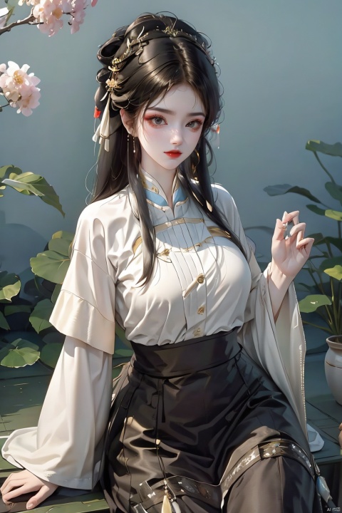 ming_hanfu,1girl,(spring,flowers:1.2),looking_at_viewer,,(big breasts:1.29), hanfu, QIEMANCN, gufeng