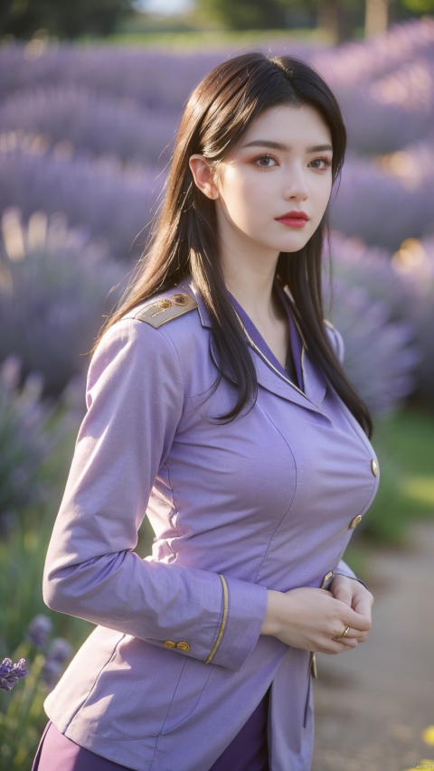  (Realistic), masterpiece, best quality, cinematic lighting, natural shadows, highest detail, looking at the audience,1 girl, cute girl photo, faint smile, charming, 25 years old, flip hair. With side light, (red stewardess uniform:1.39), dynamic modeling,(big breasts:1.39),(Lavender flowers in Provence, France:1.39)