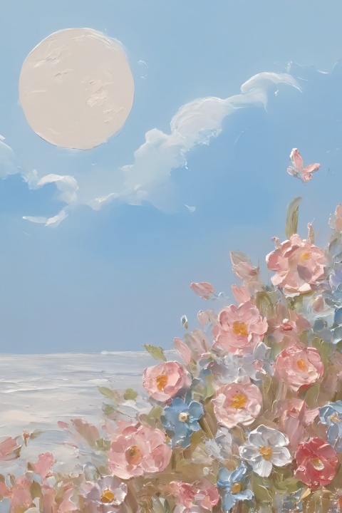 Healing_Painting,flower,oil painting,rabbit,sky,cloud,moon,beach,mountain, candy-coated