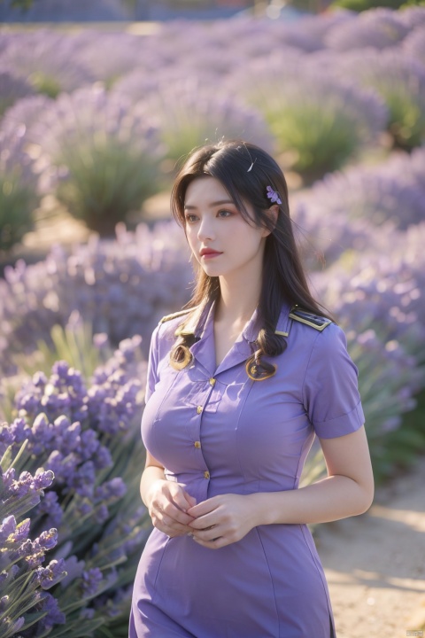  (Realistic), masterpiece, best quality, cinematic lighting, natural shadows, highest detail, looking at the audience,1 girl, cute girl photo, faint smile, charming, 25 years old, flip hair. With side light, (red stewardess uniform:1.39), dynamic modeling,(big breasts:1.59),(Lavender flowers in Provence, France:1.59)