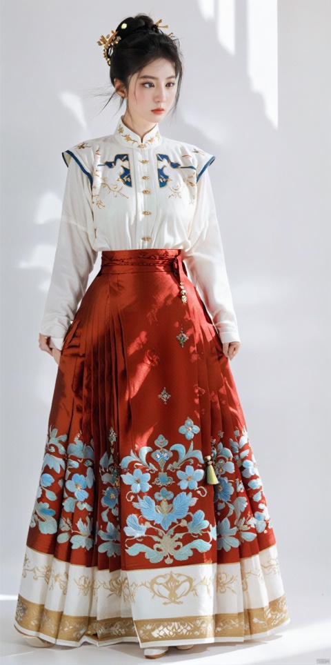 a woman in a red and gold skirt with a white shirt on top of it and a wight background, Byeon Sang-byeok, art nouveau fashion embroidered, a flemish Baroque, qajar art ,chinese woman,depth of field,xxmixgirl, monkren, sunlight,(big breasts:1.5)