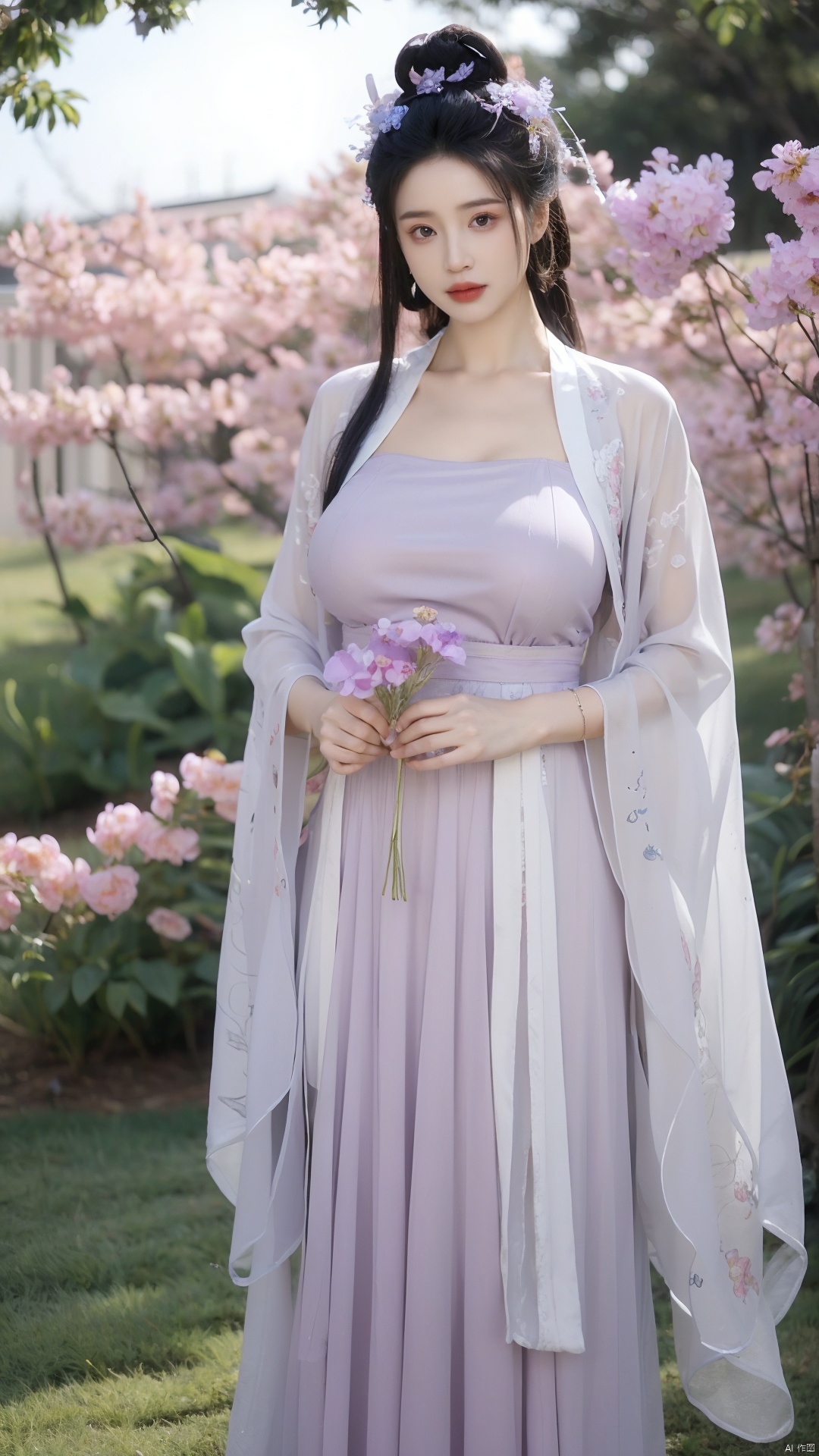  masterpiece,qingyi,danya,1girl,black hair,hanfu,(flower:1.5),realistic,hair ornament,chinese clothes,(purple dress:1.39),black eyes,long sleeves,holding,holding flower,,hanfu,cho girl, longfeihanfu,looking at viewer,(big breasts:1.79)