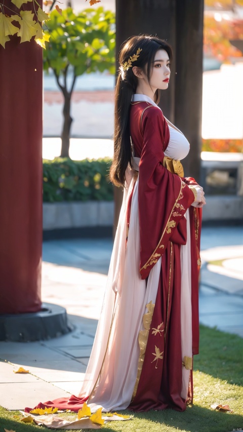  arien_hanfu,1girl,red hanfu
BREAK,
(In autumn, the falling leaves cover the ground with golden ginkgo leaves:1.2),looking_at_viewer,(big breasts:1.2)