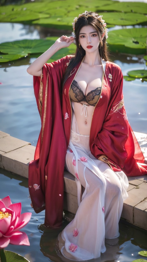  arien_hanfu,1girl,(In summer, the lotus pond is full of lotus flowers:1.2),looking_at_viewer,(big breasts:1.2)