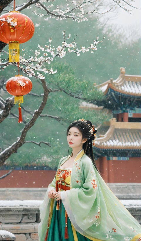 (green|red|yellow hanfu),1girl,half,(Masterpiece:1.2), best quality, arien_hanfu, 1girl, (falling_snow:1.39), looking_at_viewer,(big breasts:1.89),Forbidden City, (plum blossoms:1.3),(Traditional Chinese lanterns hanging from the trees), hand101, GUOFENG, HanFu, HUBG_Beauty_Girl, MAJICMIX STYLE, Face Score