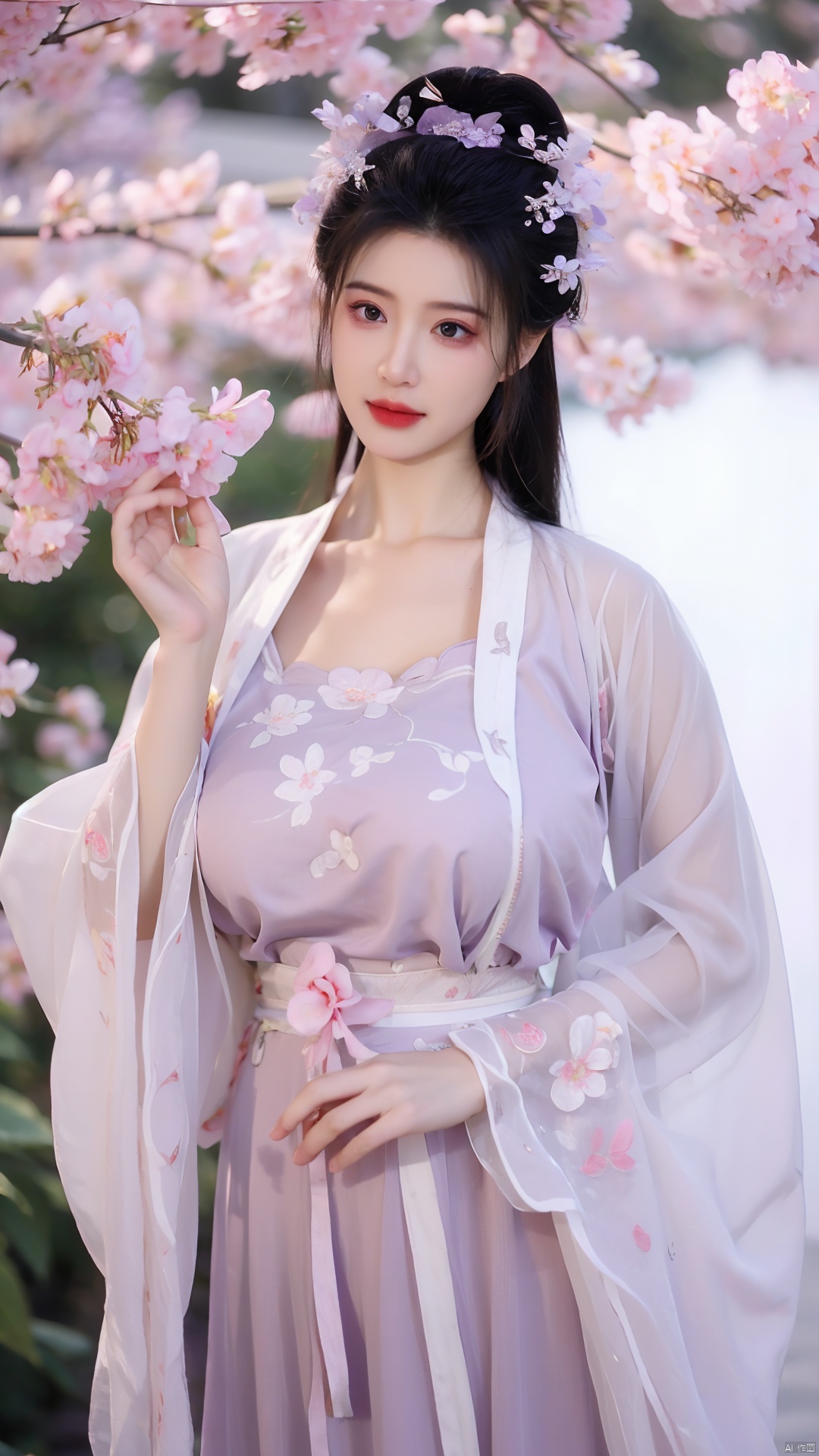  masterpiece,qingyi,danya,1girl,black hair,hanfu,(flower:1.5),realistic,hair ornament,chinese clothes,(purple dress:1.39),black eyes,long sleeves,holding,holding flower,,hanfu,cho girl, longfeihanfu,looking at viewer,(big breasts:1.79)