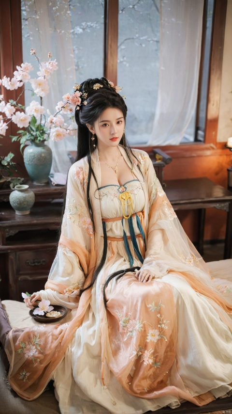  1girl, solo, long hair, black hair,Hairpins,necklace, hair ornament, dress, full body, flower, earrings, indoors, hair bun, white dress,(Tube top Hanfu long skirt:1.1), pillow, bed, night, chinese clothes, table, branch,daxiushan, ,daxiushan style,(huge breasts:1.6), (full breasts:1.5), realistic,hanfu, daxiushan,Shoulders are exposed, , daxiushan, arien_hanfu