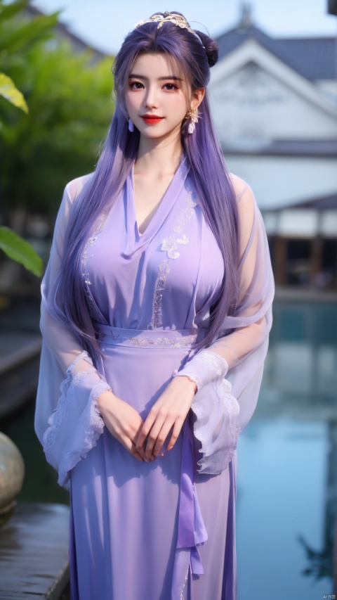 Quality,Depth of field,kind smile,looking_at_viewer,Dynamic pose,(big breasts:1.39), 1girl, purple hair, long hair, hair ornament, , solo, dress, earrings, jewelry, hair bun, Yunxiao_Fairy, hanfu, Water_butterfly