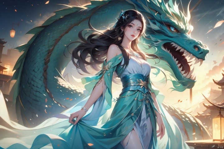  ((4k,masterpiece,best quality)), 
ruomeng135, 1girl, solo,long hair, black hair, dress, dragon, jewelery, Light master