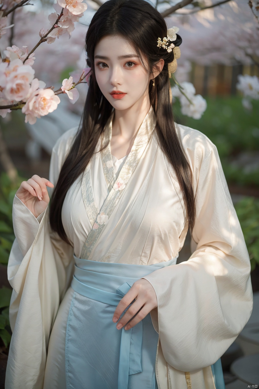ming_hanfu,1girl,(spring,flowers:1.2),looking_at_viewer,,(big breasts:1.29), hanfu