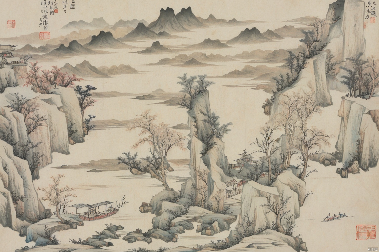 Chinese style ink landscape painting, trees, mountains, rivers, huts, boats, gf