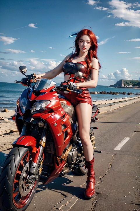  Masterpiece,best quality,(Highest picture quality),(Master's work),(ultra-detailed),{top quality},(sea background:1.2),(1 girl driving a motorcycle:1.4),(red hair:1.3),(bare long leg:1.1),desert background