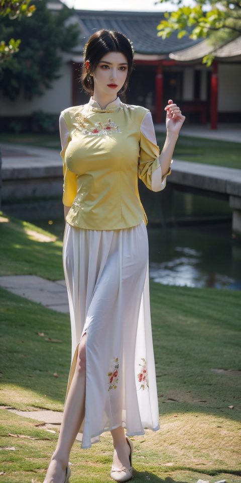 (yellow printed chinese upshirt:1.1),
BREAK,
(white long skirt),1 girl,(big breasts:1.8), high heels,(short hair:1.1), (realistic:1.7),((best quality)),absurdres,(ultra high res),full body,(photorealistic:1.6),photorealistic,octane render,(hyperrealistic:1.2), (big breasts:1.8), (photorealistic face:1.2), (8k), (4k), (Masterpiece),(realistic skin texture), (illustration, cinematic lighting,wallpaper),( beautiful eyes:1.2),((((perfect face)))),(cute),(standing),(black hair),(short hair), (outdoors), , long skirt, QIPAO,, (big breasts:1.8),1girl